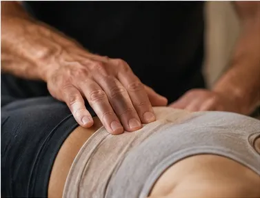A light, precise hand placement over clothing