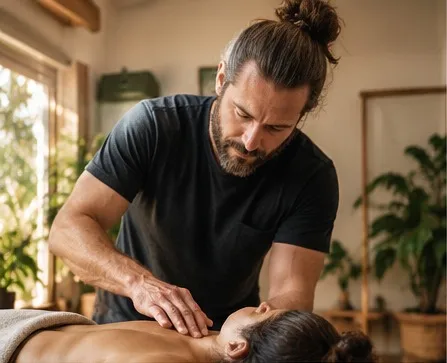 Sam working gently at the neck and shoulders, the client lying face up