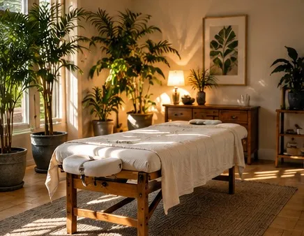 The treatment studio: a table with linen, plants and warm lamplight